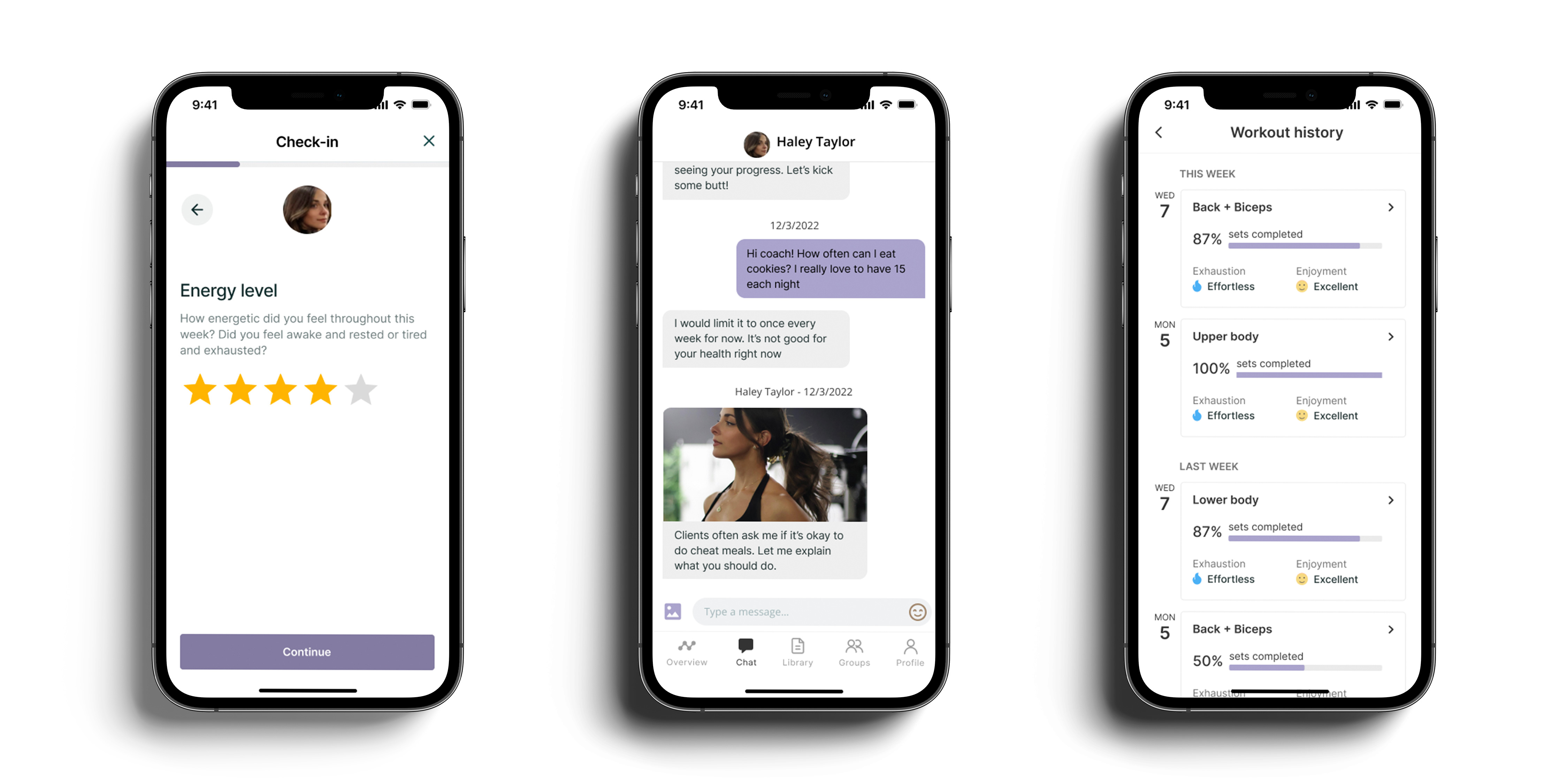 A mockup of the coaching app showcasing the different features.